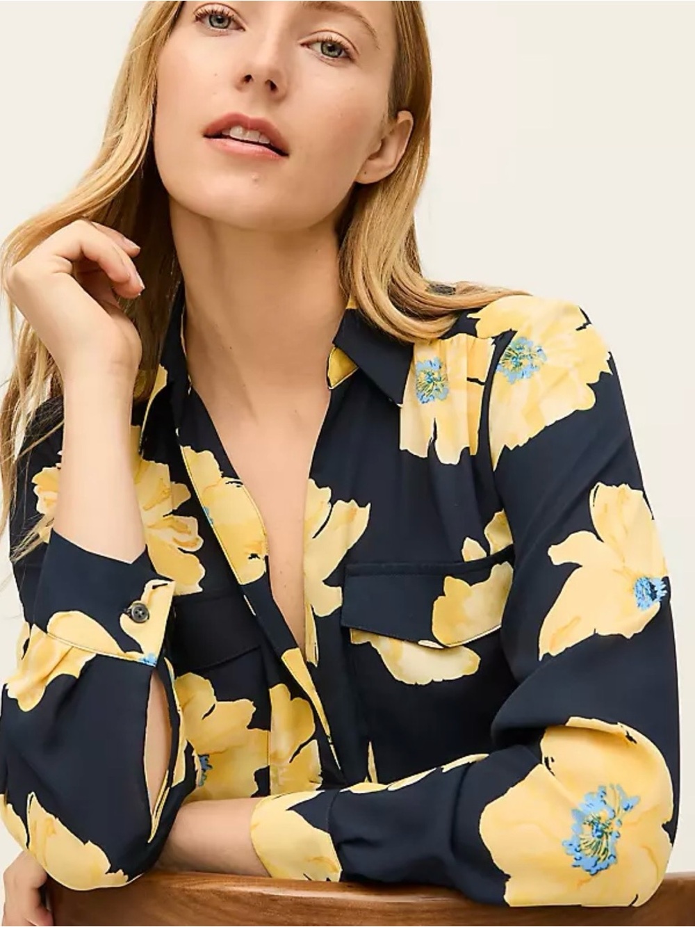 Ann Taylor Camp Navy Shirt with Yellow/Navy Floral Print
